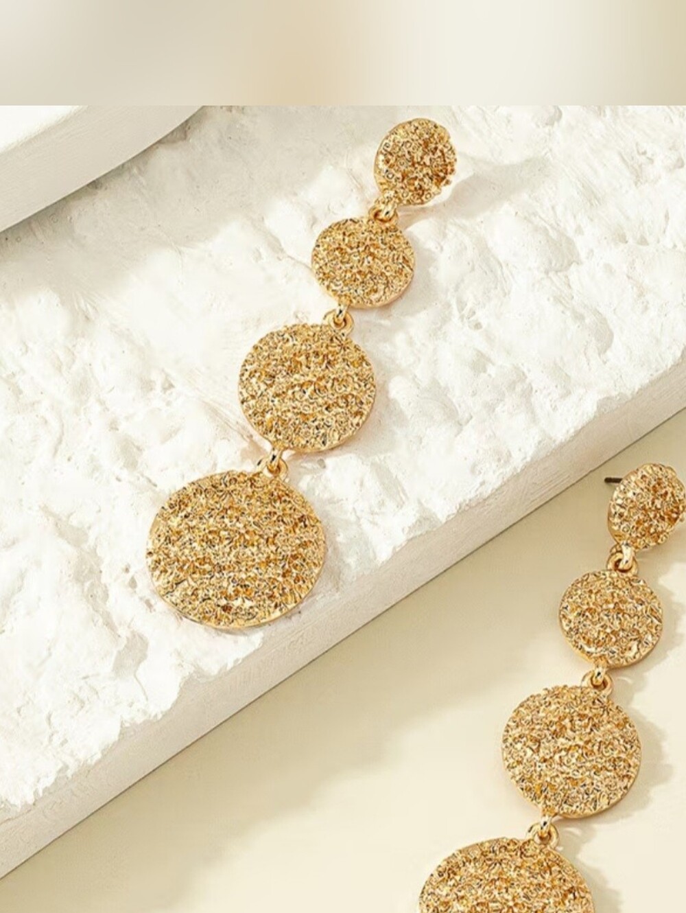 Golden Textured Triple Disc Drop Earrings